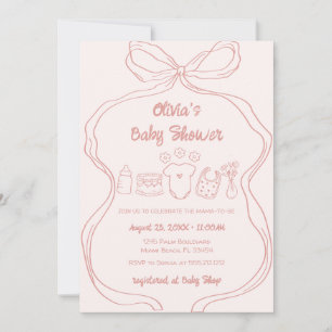 Rosa Quirky Hand plockade Vågigt Bow Girl Baby Sho Inbjudningar