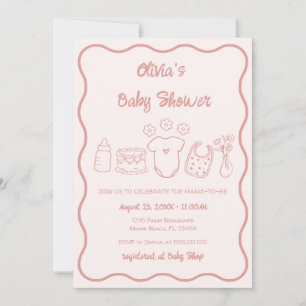 Rosa Quirky Hand plockade Vågigt Ram Girl Baby Sho Inbjudningar