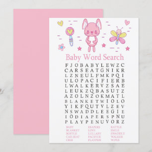 Rosa Rabbit Baby Shower Ord Search-spel Inbjudningar