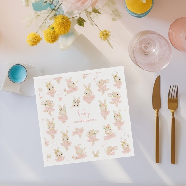 Rosa Rabbit Ballerina Tutu Baby Shower Pappersservett (custom baby shower napkins with watercolor rabbit ballerina illustrations)