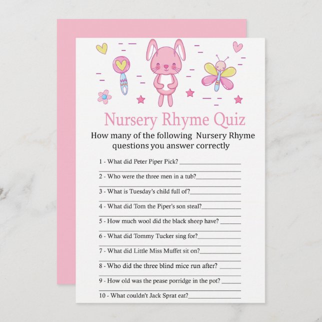 Rosa Rabbit Nursery Rhyme Quiz babyduschspel Inbjudningar (Fram/baksida)