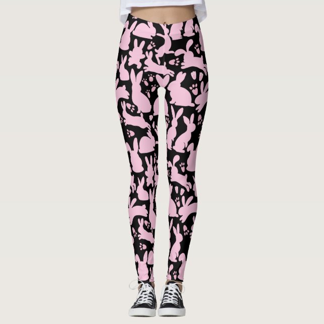 Rosa Rabbits Mönster Black BG Leggings (Framsida)