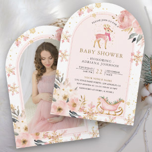 Rosa rådjur vinterundret foto baby shower inbjudningar