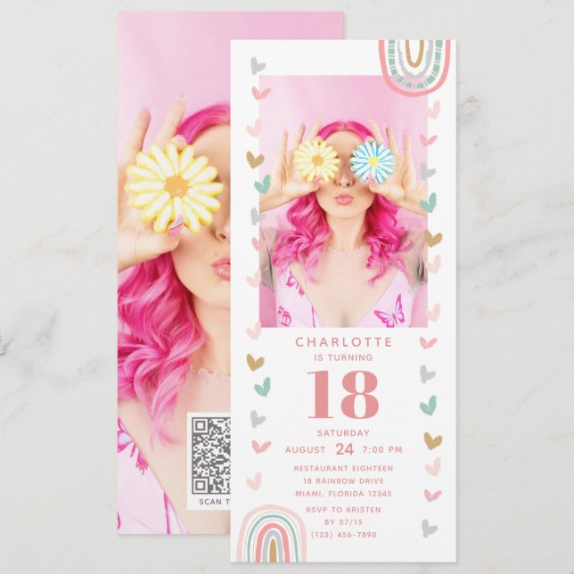 Rosa Rainbow 18:e Modern Photo Födelsedagsfest Inbjudningar (Fram/baksida)