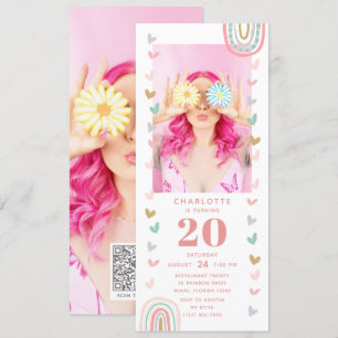 Rosa Rainbow 20:e Modern Photo Födelsedagsfest Inbjudningar
