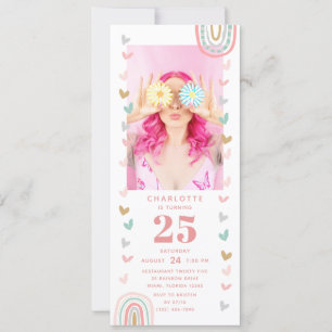 Rosa Rainbow 25:e Modern Photo Födelsedagsfest Inbjudningar