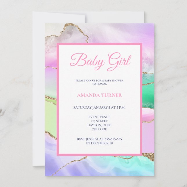 Rosa Rainbow Agate Girl Baby Shower Inbjudningar (Framsida)