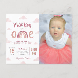 Rosa Rainbow and Clouds First Birthday Investigati Vykort