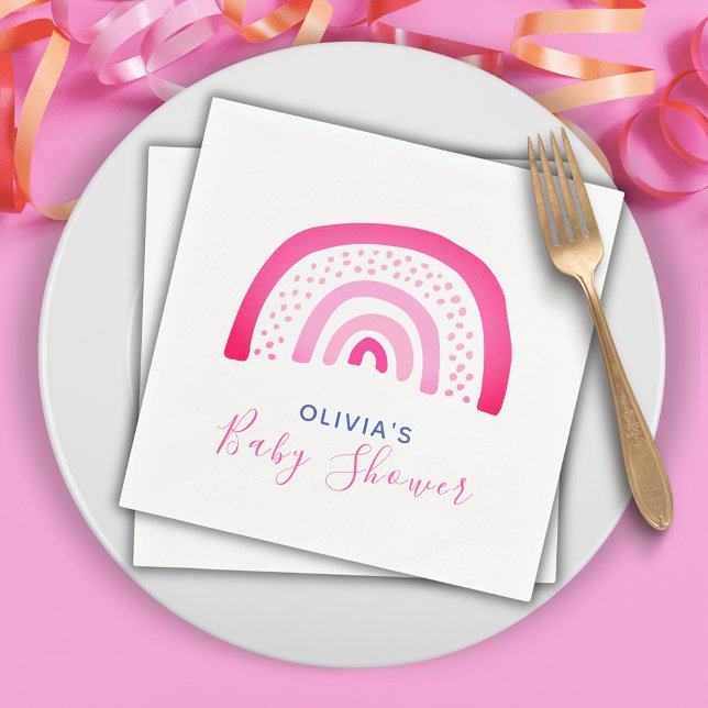 Rosa Rainbow Baby Shower Girl Pappersservett (Modern pink rainbow girls baby shower paper napkins. Matching items available.  Customize your text)