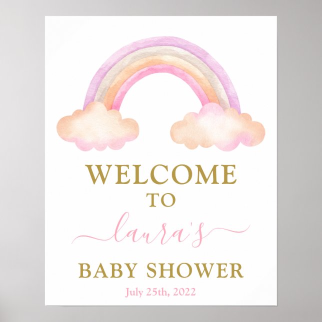 Rosa Rainbow Baby Shower Girl Välkomstskylt Poster (Framsidan)