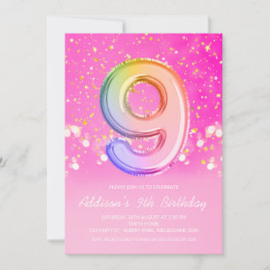 Rosa Rainbow Balloon Brev Nine Birthday Inbjudningar