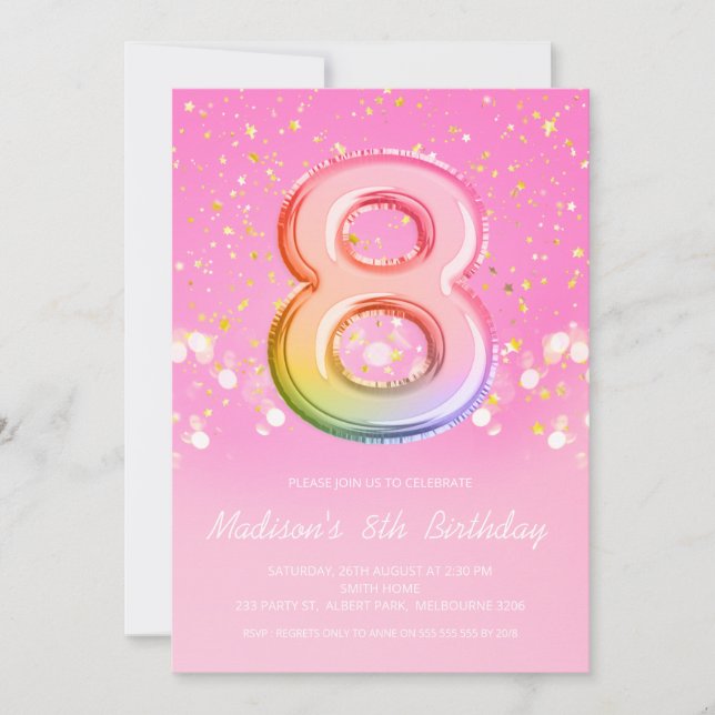 Rosa Rainbow Balloon Brev nummer 8:e födelsedagen Inbjudningar (Framsida)