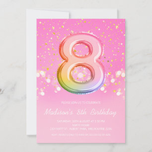 Rosa Rainbow Balloon Brev nummer 8:e födelsedagen Inbjudningar