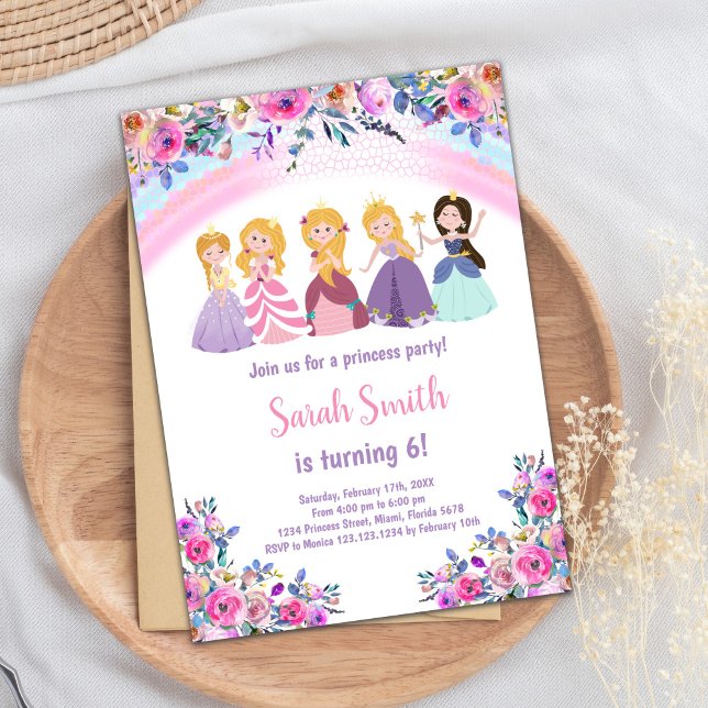 Rosa Rainbow Blommigt Princess Birthday Investigat Inbjudningar (Pink Rainbow Floral Princess Birthday Invitations)