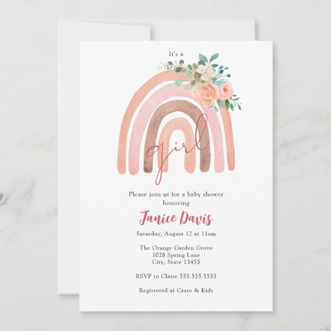 Rosa Rainbow, Boho Girl Baby Shower-inbjudan Inbjudningar (Framsida)