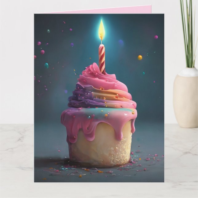 ROSA RAINBOW CUPCAKE CANDLE BIG BIRTHDAY CARD KORT (Framsida)