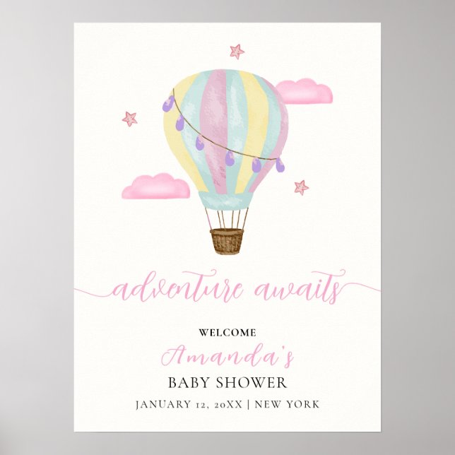 Rosa Rainbow Luftballong Baby Shower Välkommen Poster (Framsidan)