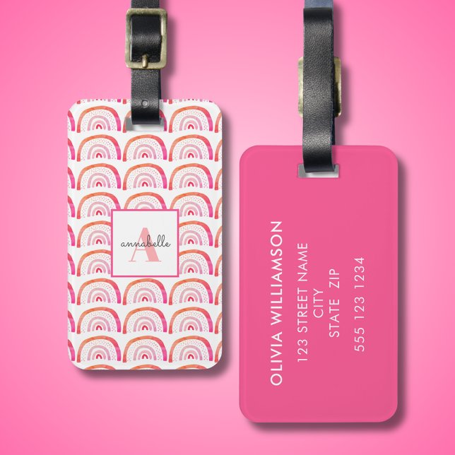 Rosa Rainbow Monogram Initial Bagagebricka (Cute rainbow, personalized monogram luggage tag. )
