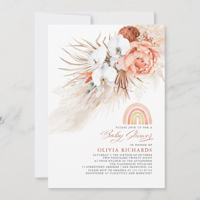 Rosa  Rainbow Pampas Grass Baby Shower Girl Inbjudningar (Framsida)