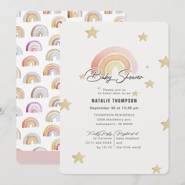 Rosa Rainbow Stars Baby Shower Inbjudningar (Fram/baksida)