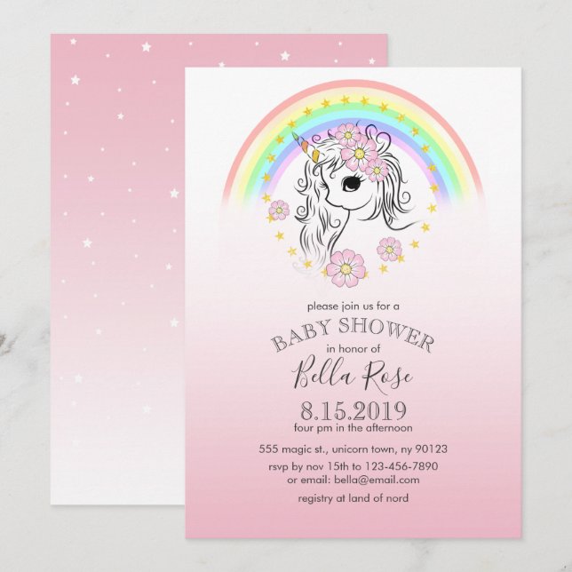 Rosa Rainbow Unicorn Baby Shower Inbjudan (Fram/baksida)