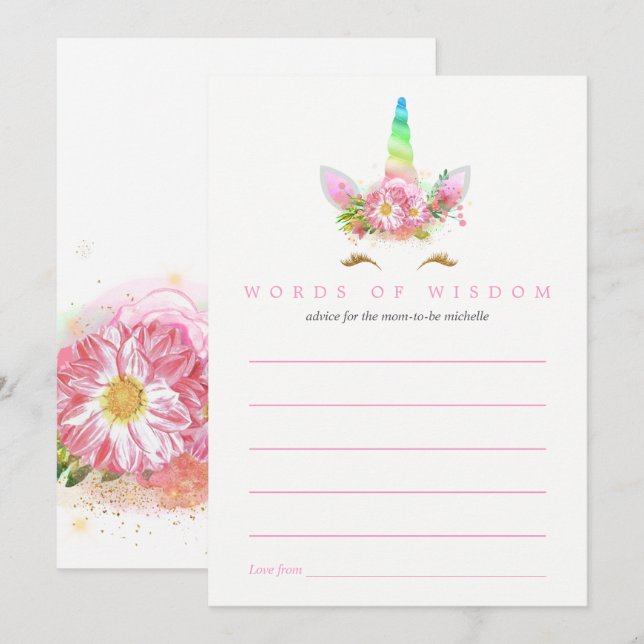 Rosa Rainbow Unicorn Baby Shower Mamma Advice Inbjudningar (Fram/baksida)