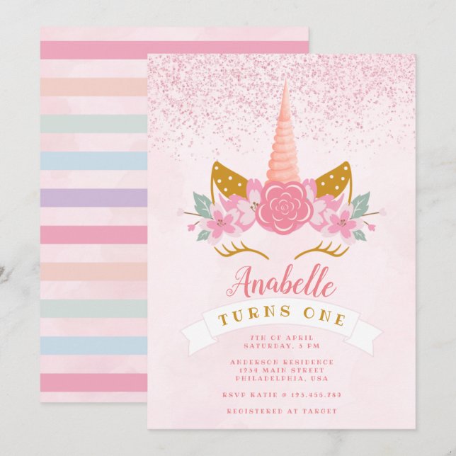  Rosa Rainbow Unicorn Birthday Inbjudningar (Fram/baksida)