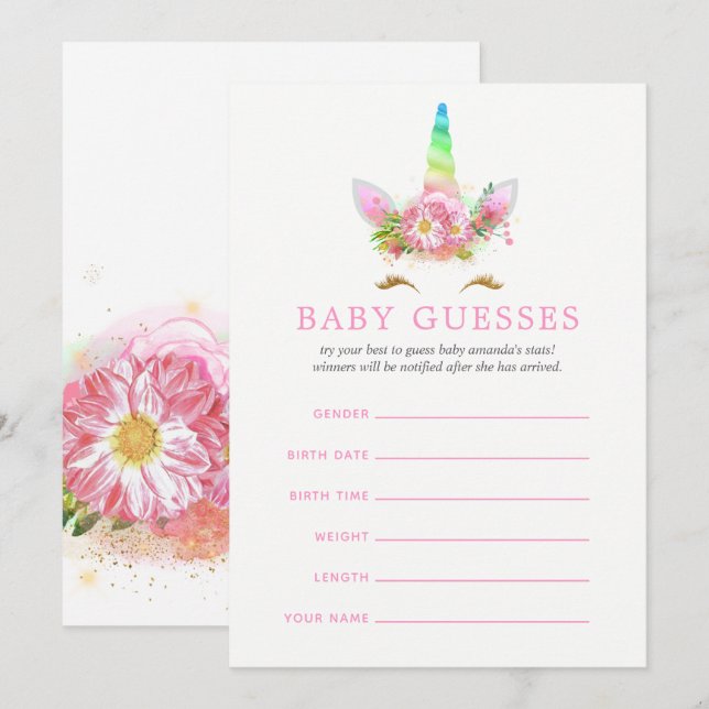 Rosa Rainbow Unicorn Girl Baby Shower Baby Guesses Inbjudningar (Fram/baksida)