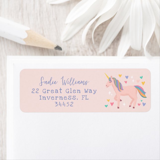  Rosa Rainbow Unicorn Kids Adress Returadress Etikett (Insitu)