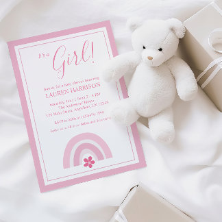 Rosa Rainbows and Flowers Baby Shower Inbjudningar