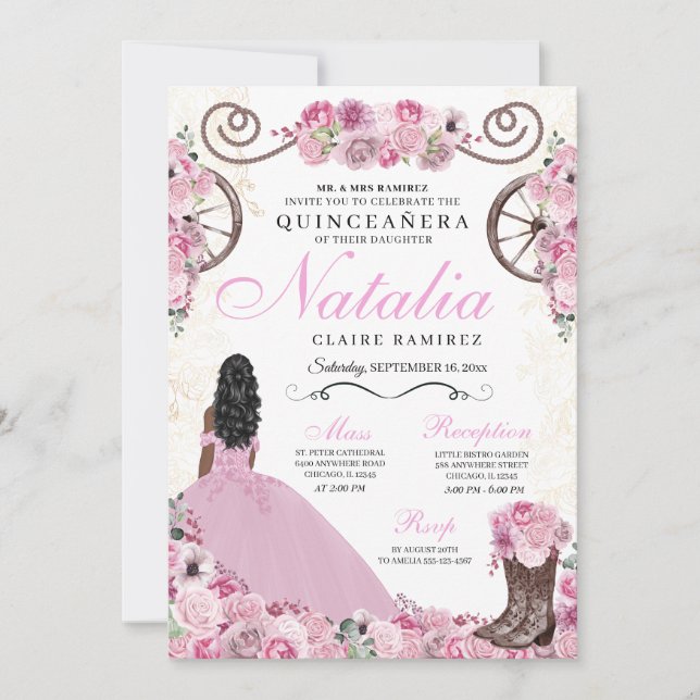  Rosa Ranchero Princess Dress Quinceanera Inbjudningar (Framsida)