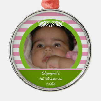 Rosa rand Baby 1:a julfoto Ornament