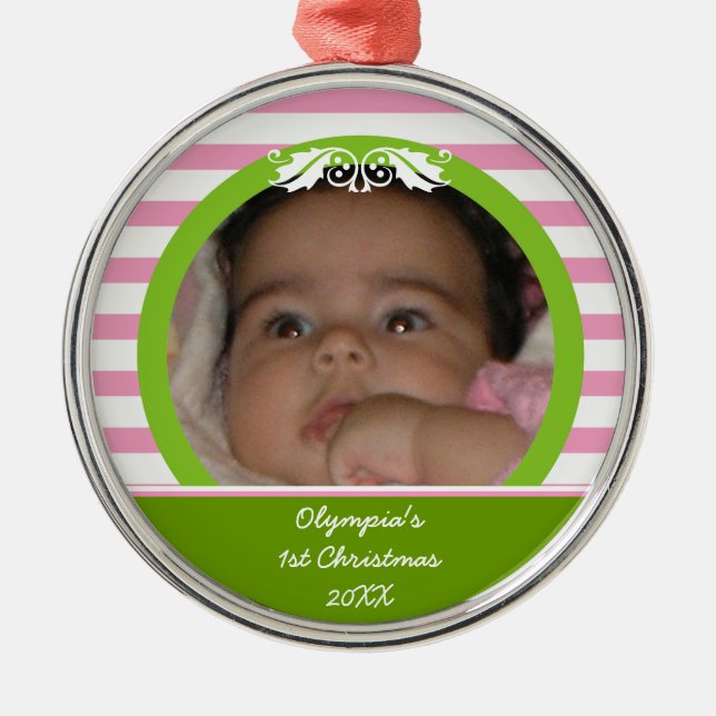 Rosa rand Baby 1:a julfoto Ornament (Framsidan)