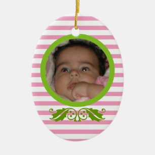 Rosa rand Baby 1:a julfoto Ornament
