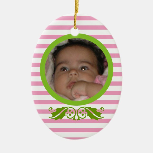 Rosa rand Baby 1:a julfoto Ornament (Framsidan)