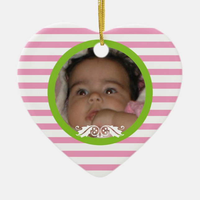 Rosa rand Baby 1:a julfoto Ornament (Framsidan)