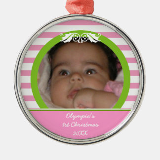 Rosa rand Baby 1:a julfoto Ornament
