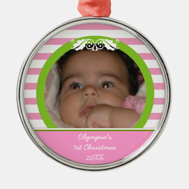 Rosa rand Baby 1:a julfoto Ornament (Framsidan)