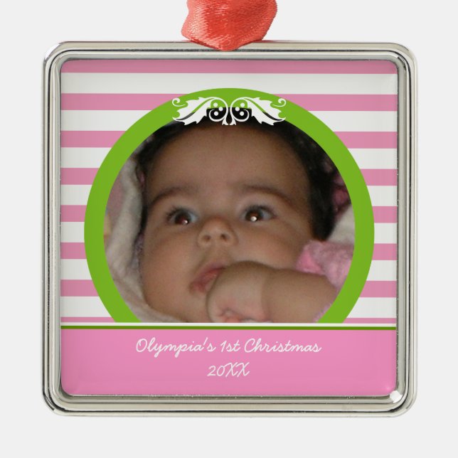 Rosa rand Baby 1:a julfoto Ornament (Framsidan)