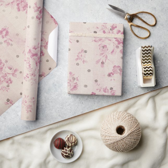 Rosa rand blommigt polka dots presentpapper (Hantverk)