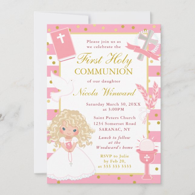Rosa Rand Blonde Hair Girl First Heliga Communion Inbjudningar (Framsida)