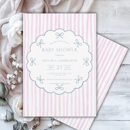 Rosa Rand Blue Hearts Vintage Baby Shower Inbjudningar