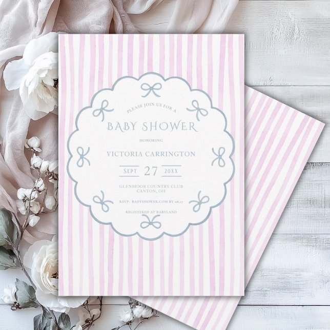 Rosa Rand Blue Hearts Vintage Baby Shower Inbjudningar (Skapare uppladdad)