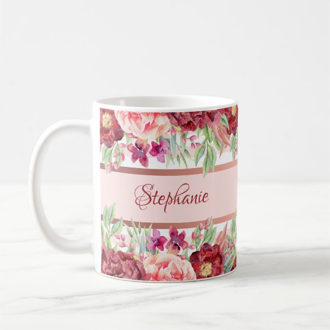 Rosa Rand Burgundy Blommigt Personlig Namn Kaffemugg (Vänster)