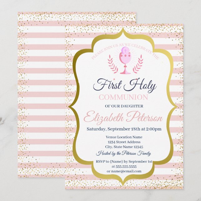 Rosa Rand Confetti First Heliga Communion Inbjudningar (Fram/baksida)