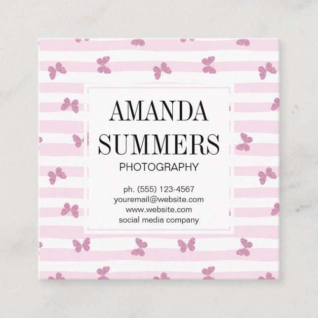 Rosa Rand | Elegant Glitter Butterflies Fyrkantigt Visitkort (Framsida)