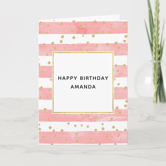Rosa  Rand & Faux Guld Confetti Birthday Kort (Framsida)