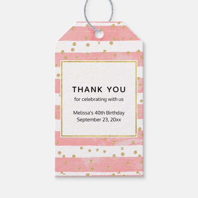 Rosa  Rand | Faux Guld Confetti Birthday Presentetikett (Framsidan)