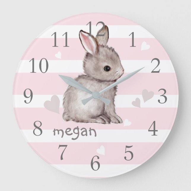 Rosa Rand Grått Bunny Nursery Wall Clock Stor Klocka (Framsida)