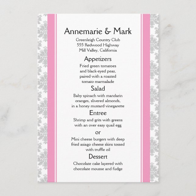 Rosa Rand Grått Damask Wedding Menu Meny (Framsida)